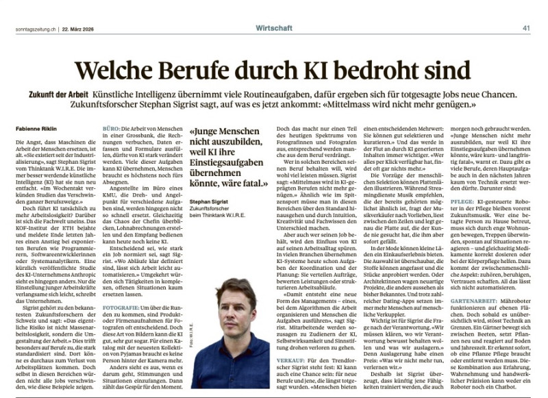 SONNTAGSZEITUNG: WELCHE BERUFE DURCH KI BEDROHT SIND - W.I.R.E.